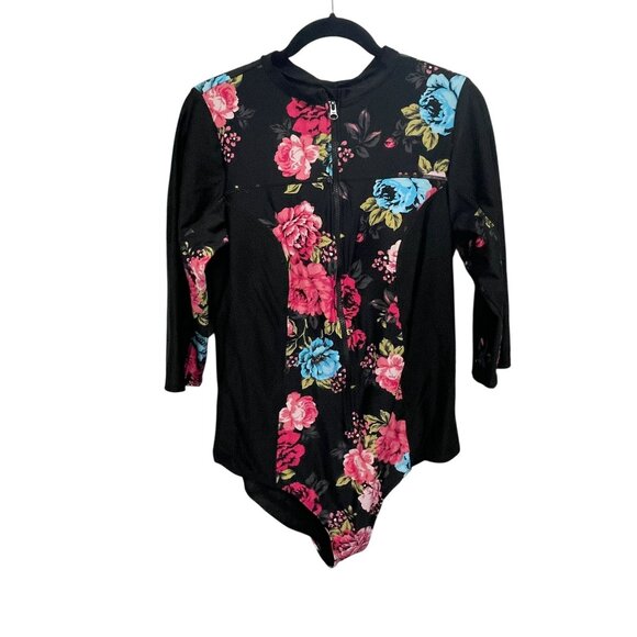 Torrid Womens Floral Long-Sleeve Zip-Up Swim Bodysuit Size 2 Black - Picture 1 of 5